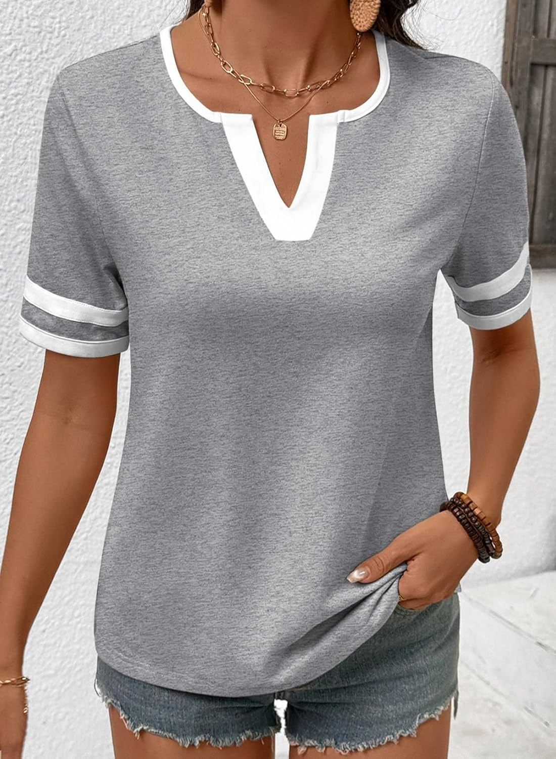 Women's Summer V Neck Colorblock Short Sleeve T-Shirts