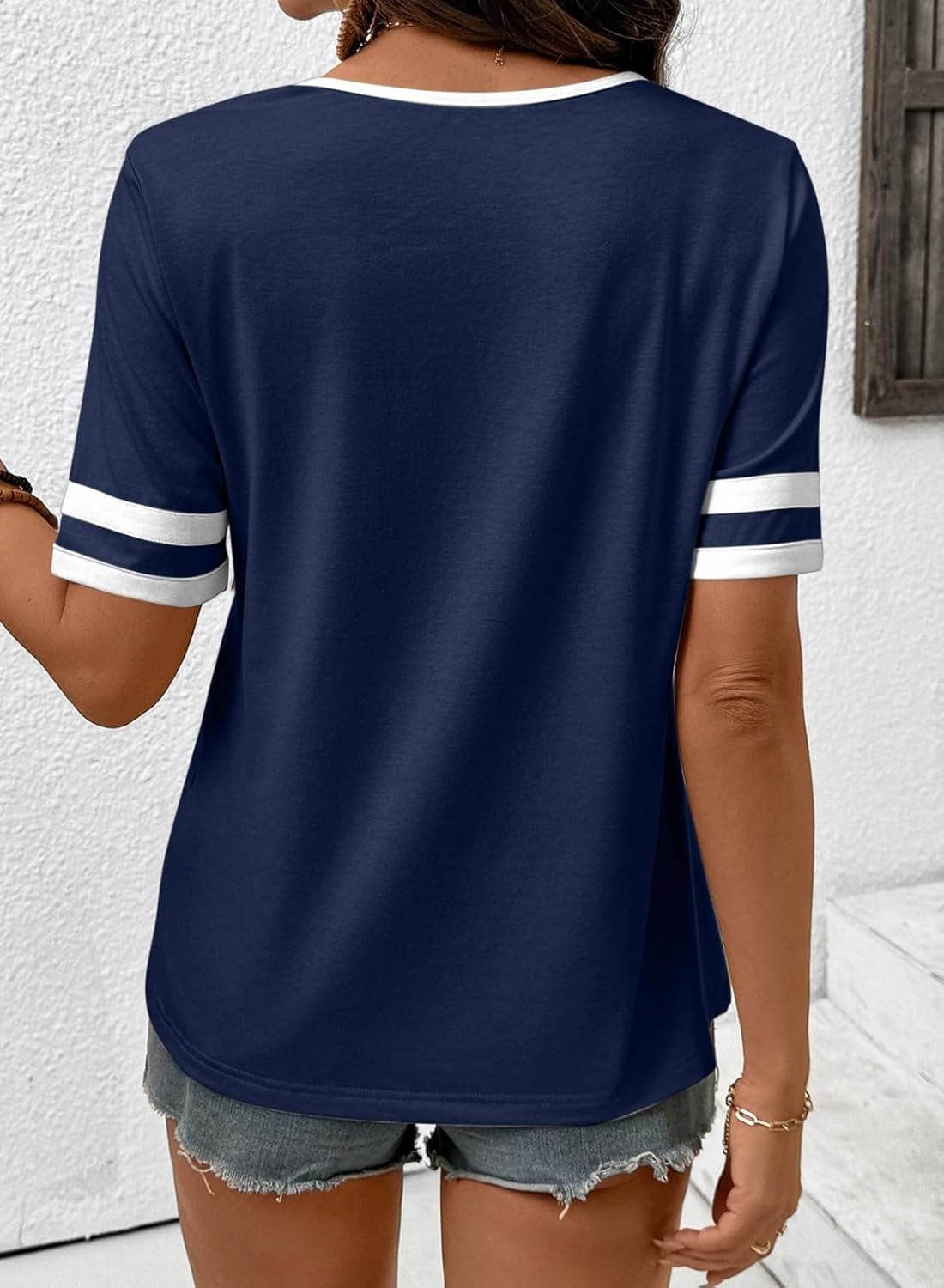 Women's Summer V Neck Colorblock Short Sleeve T-Shirts