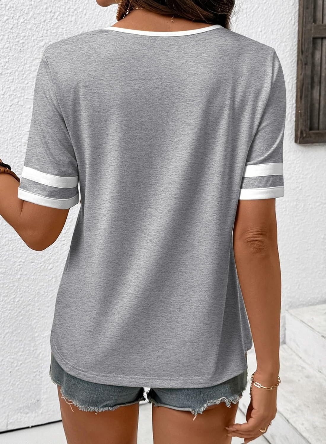 Women's Summer V Neck Colorblock Short Sleeve T-Shirts