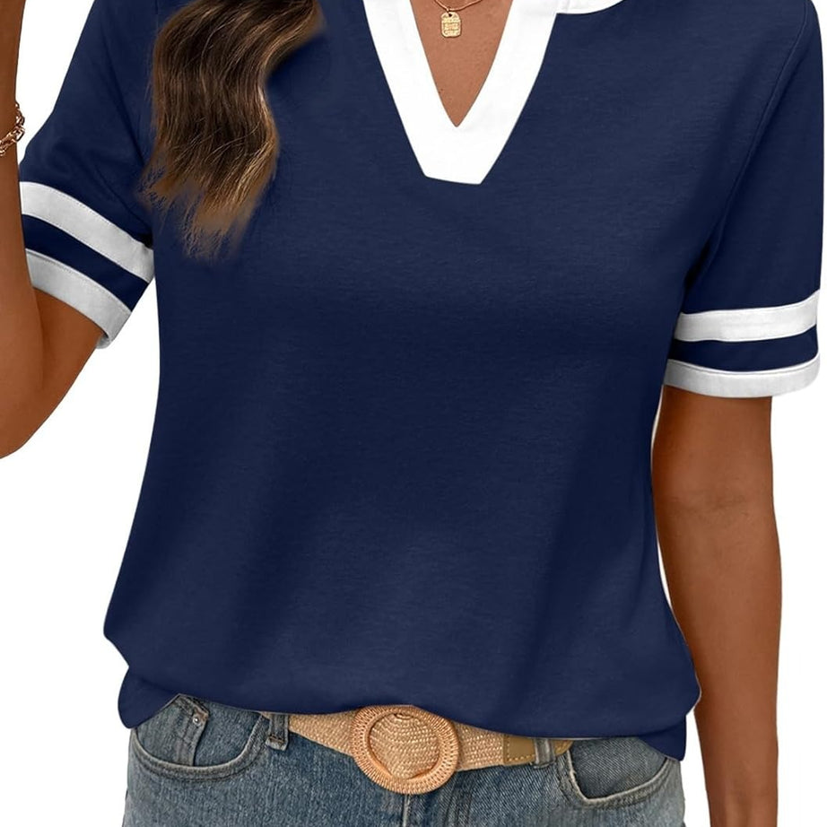 Women's Summer V Neck Colorblock Short Sleeve T-Shirts