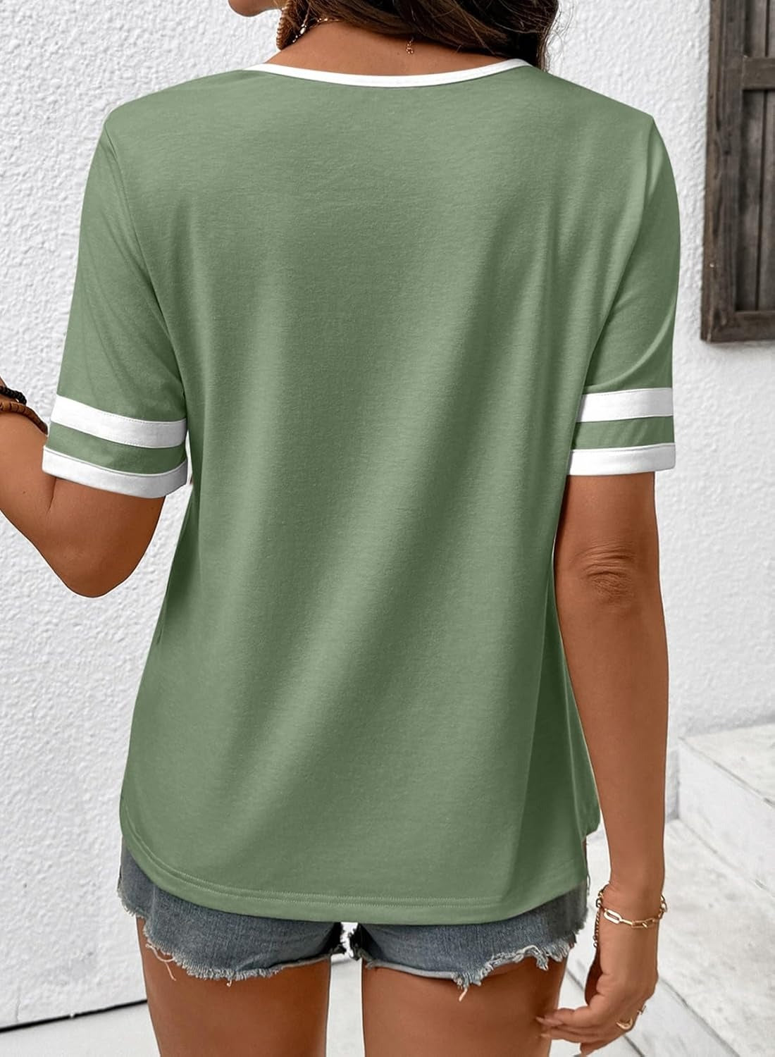 Women's Summer V Neck Colorblock Short Sleeve T-Shirts