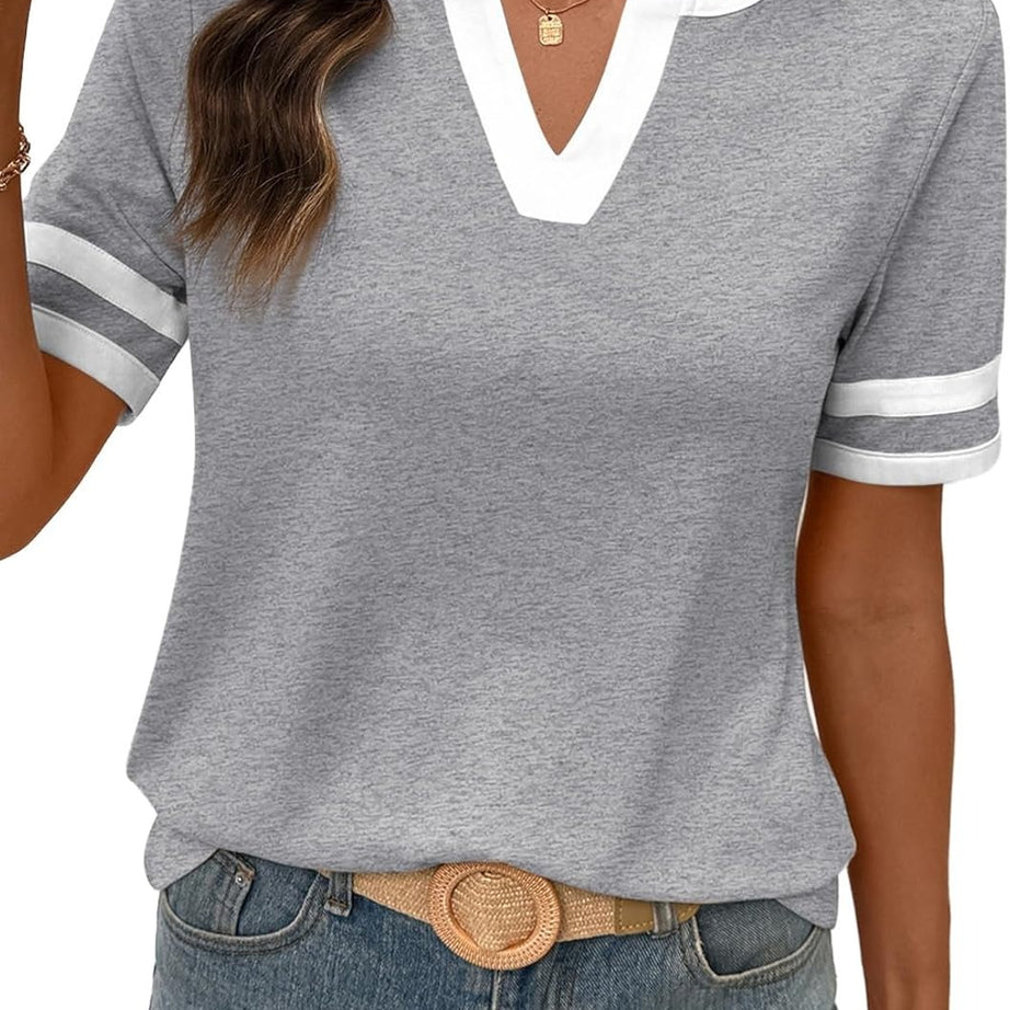 Women's Summer V Neck Colorblock Short Sleeve T-Shirts