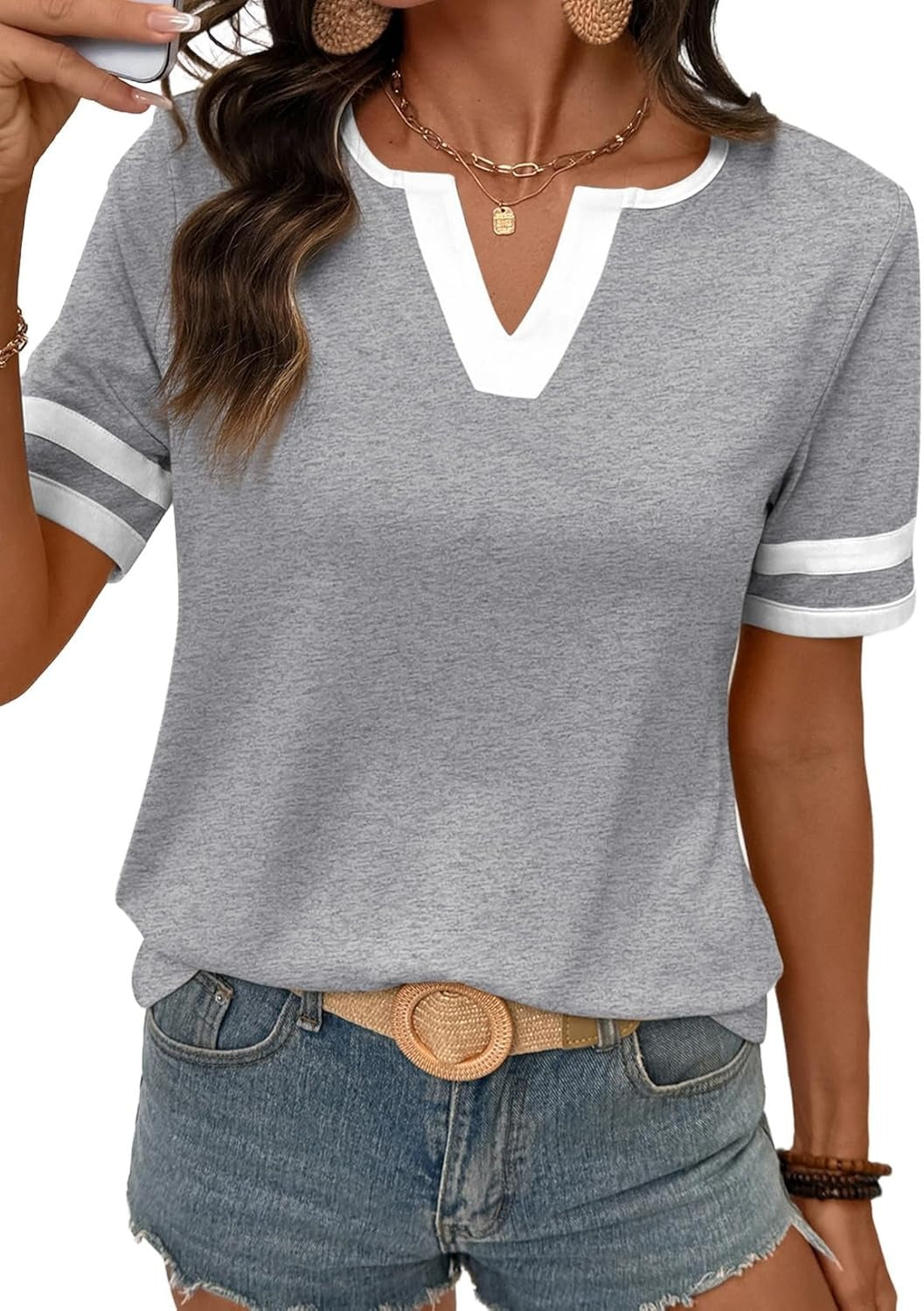 Women's Summer V Neck Colorblock Short Sleeve T-Shirts