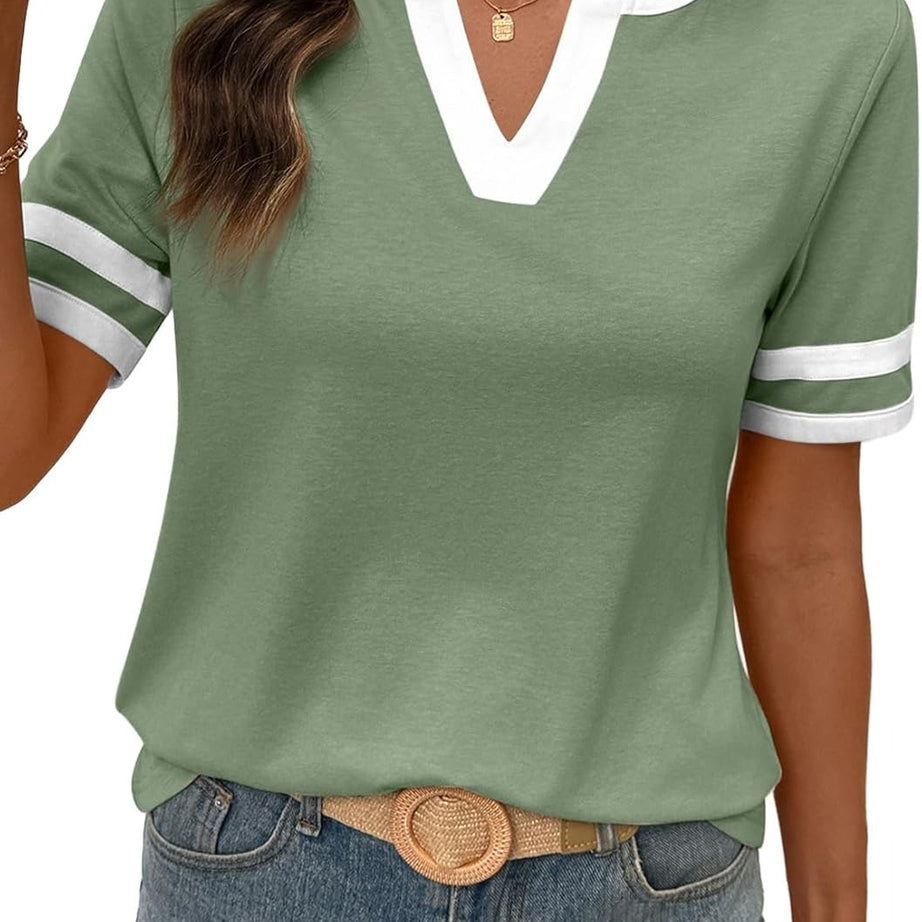 Women's Summer V Neck Colorblock Short Sleeve T-Shirts