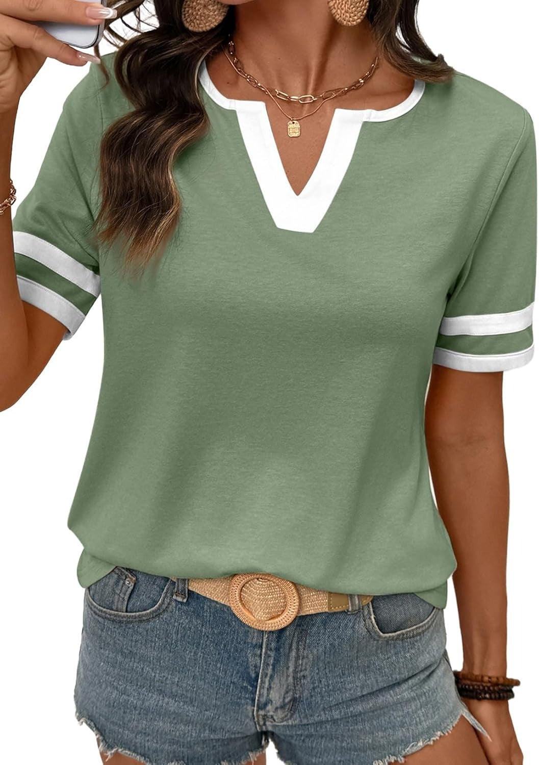 Women's Summer V Neck Colorblock Short Sleeve T-Shirts