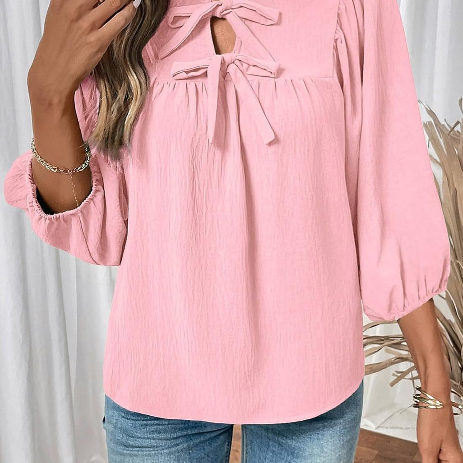 Womens 3/4 Sleeves Blouse Elegant Bow Tie Loose Shirts