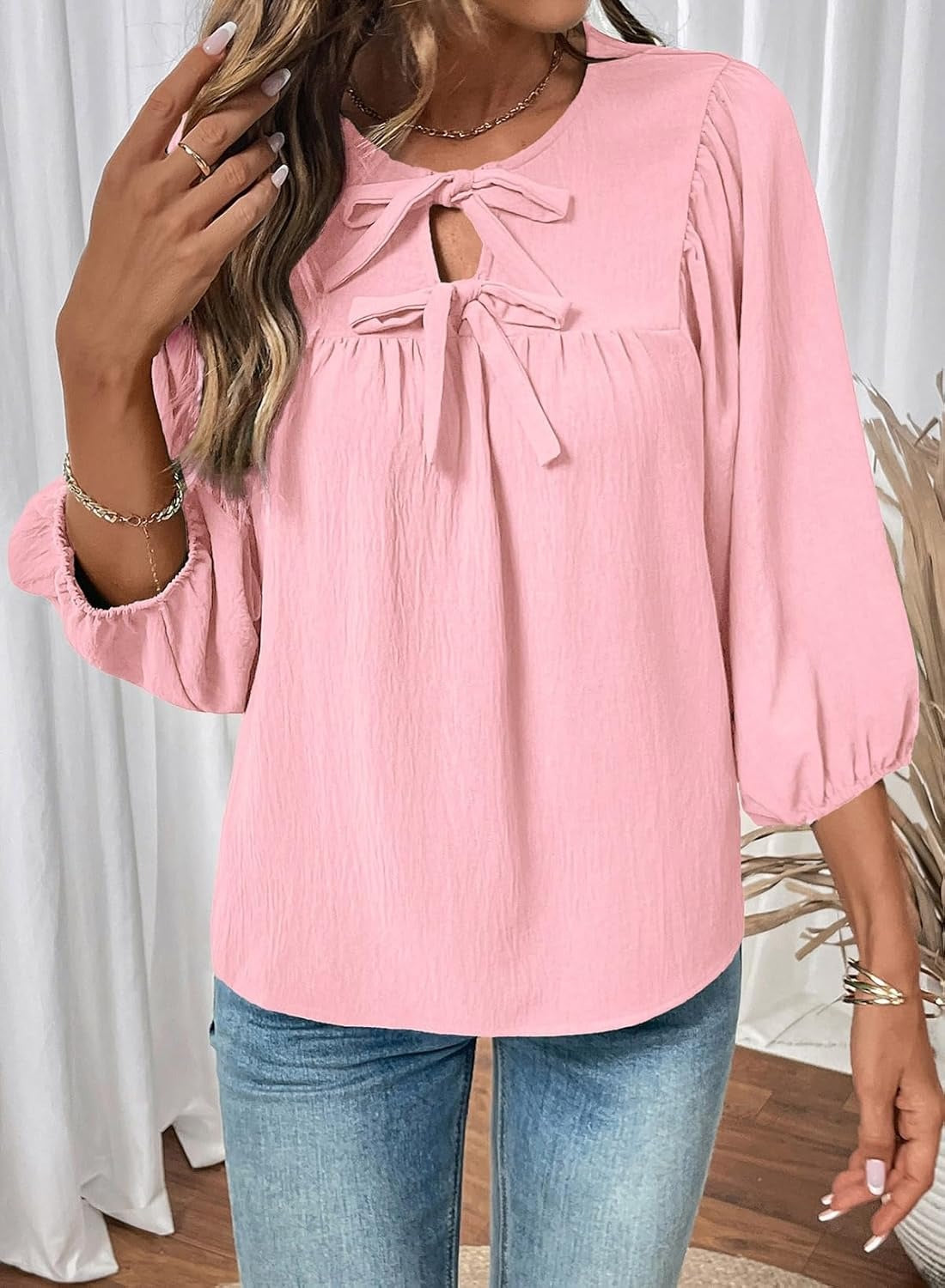 Womens 3/4 Sleeves Blouse Elegant Bow Tie Loose Shirts