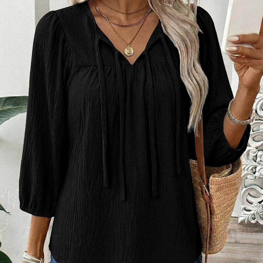Womens 3/4 Sleeves Blouse Elegant Bow Tie Loose Shirts