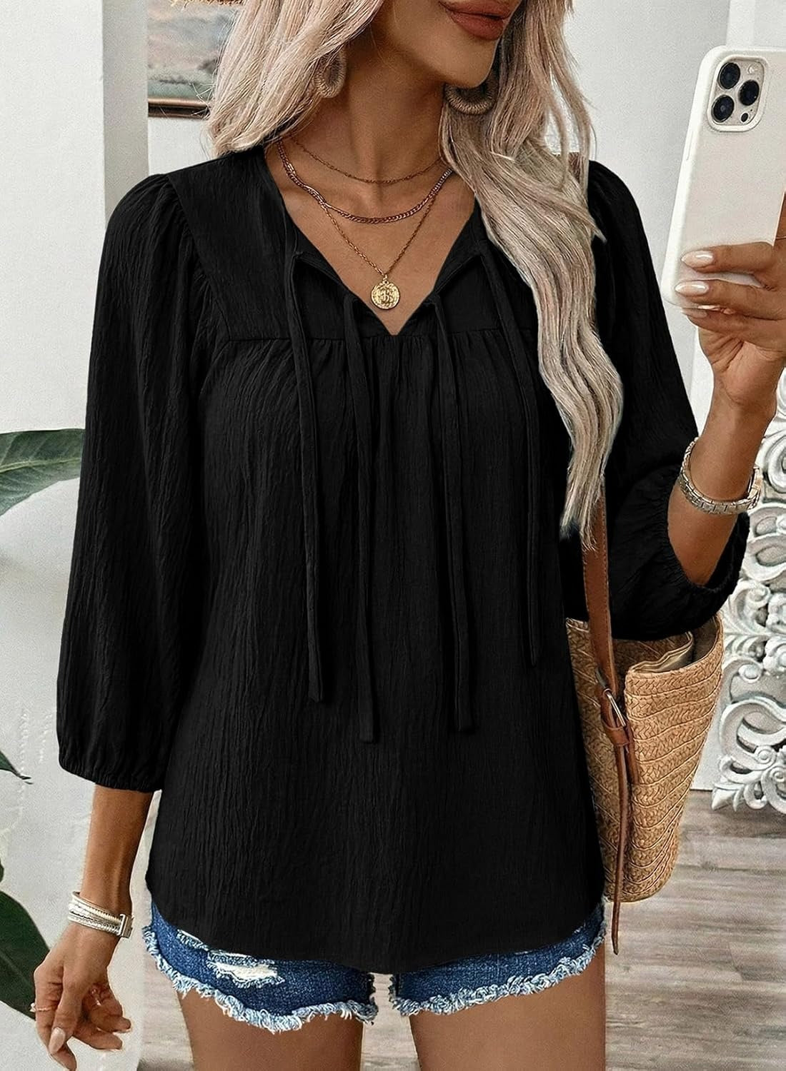 Womens 3/4 Sleeves Blouse Elegant Bow Tie Loose Shirts