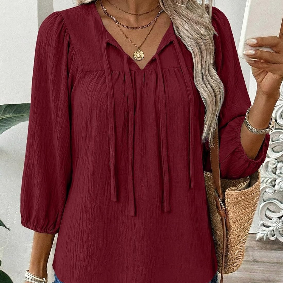 Womens 3/4 Sleeves Blouse Elegant Bow Tie Loose Shirts