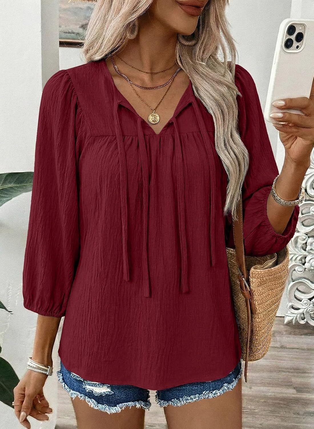 Womens 3/4 Sleeves Blouse Elegant Bow Tie Loose Shirts