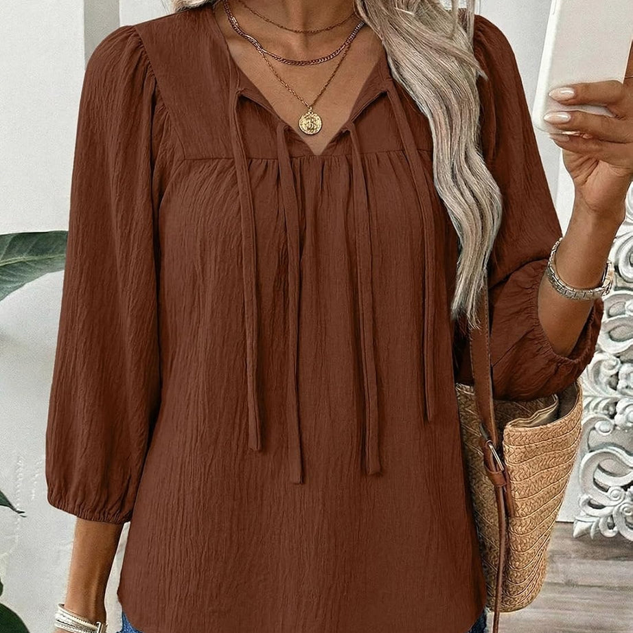 Womens 3/4 Sleeves Blouse Elegant Bow Tie Loose Shirts