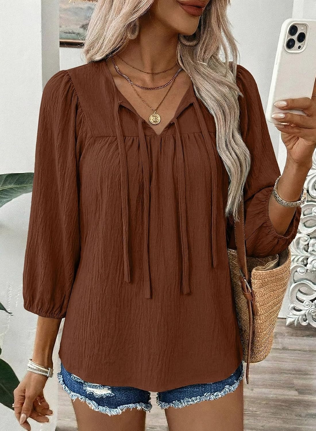 Womens 3/4 Sleeves Blouse Elegant Bow Tie Loose Shirts