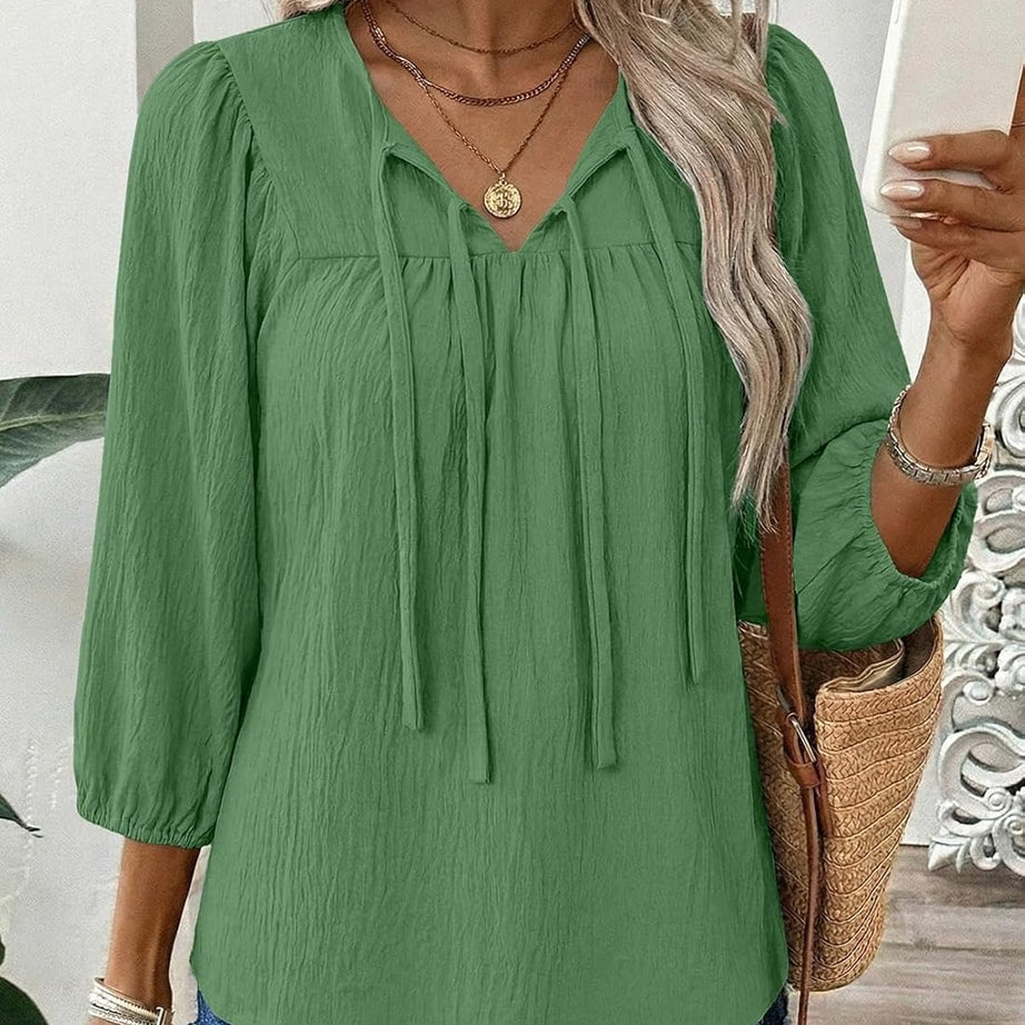 Womens 3/4 Sleeves Blouse Elegant Bow Tie Loose Shirts