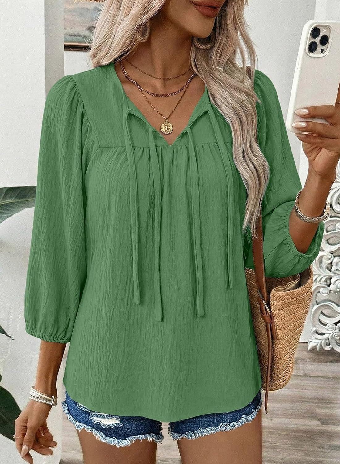 Womens 3/4 Sleeves Blouse Elegant Bow Tie Loose Shirts