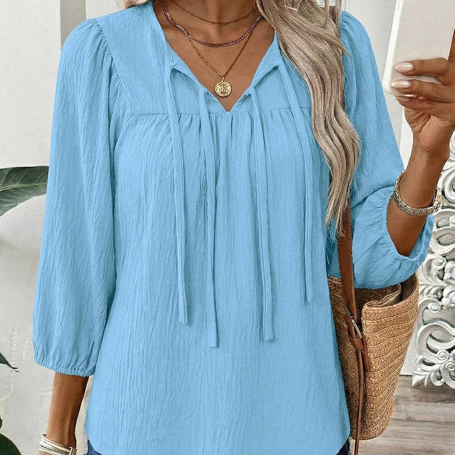 Womens 3/4 Sleeves Blouse Elegant Bow Tie Loose Shirts