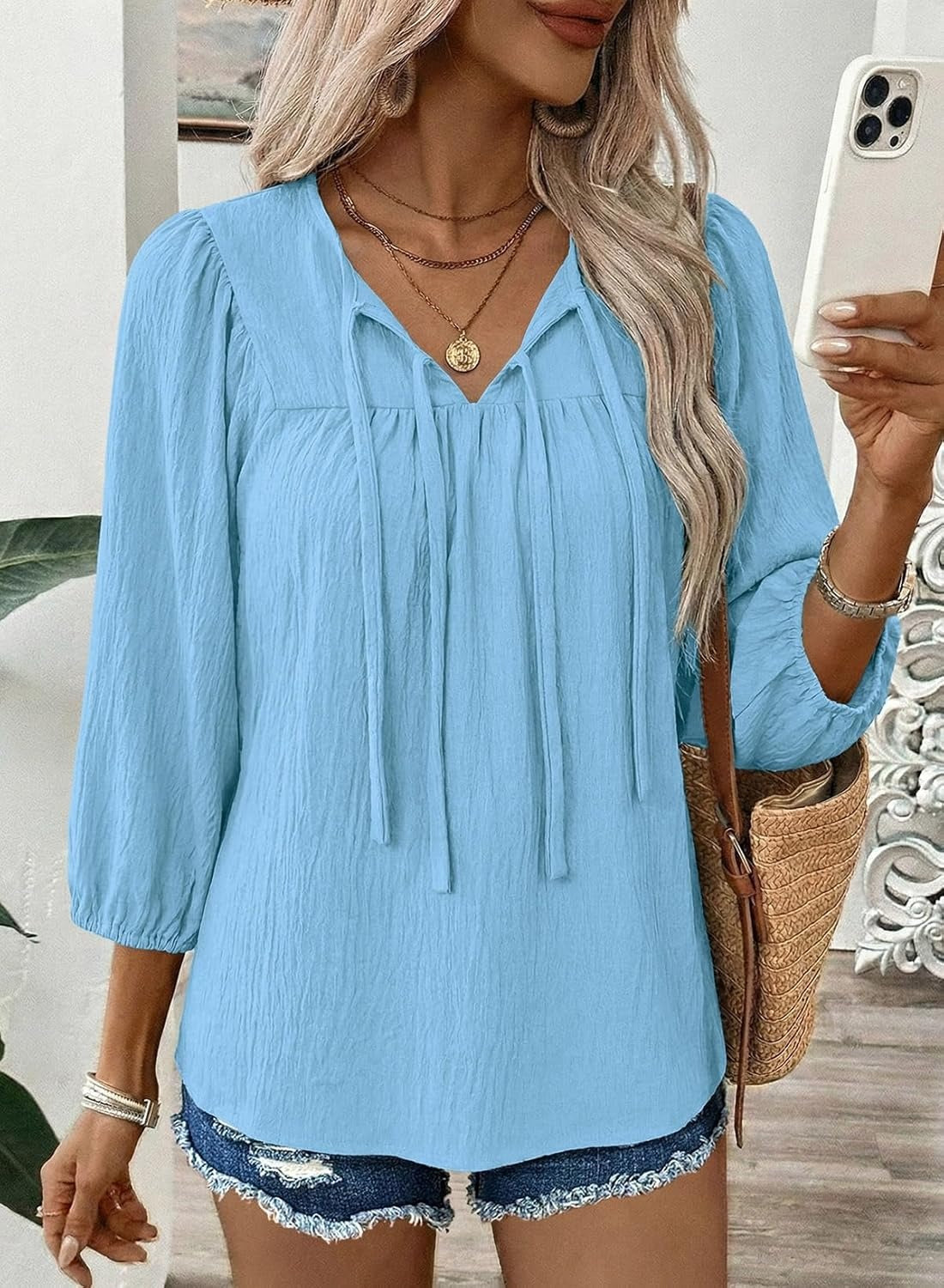 Womens 3/4 Sleeves Blouse Elegant Bow Tie Loose Shirts