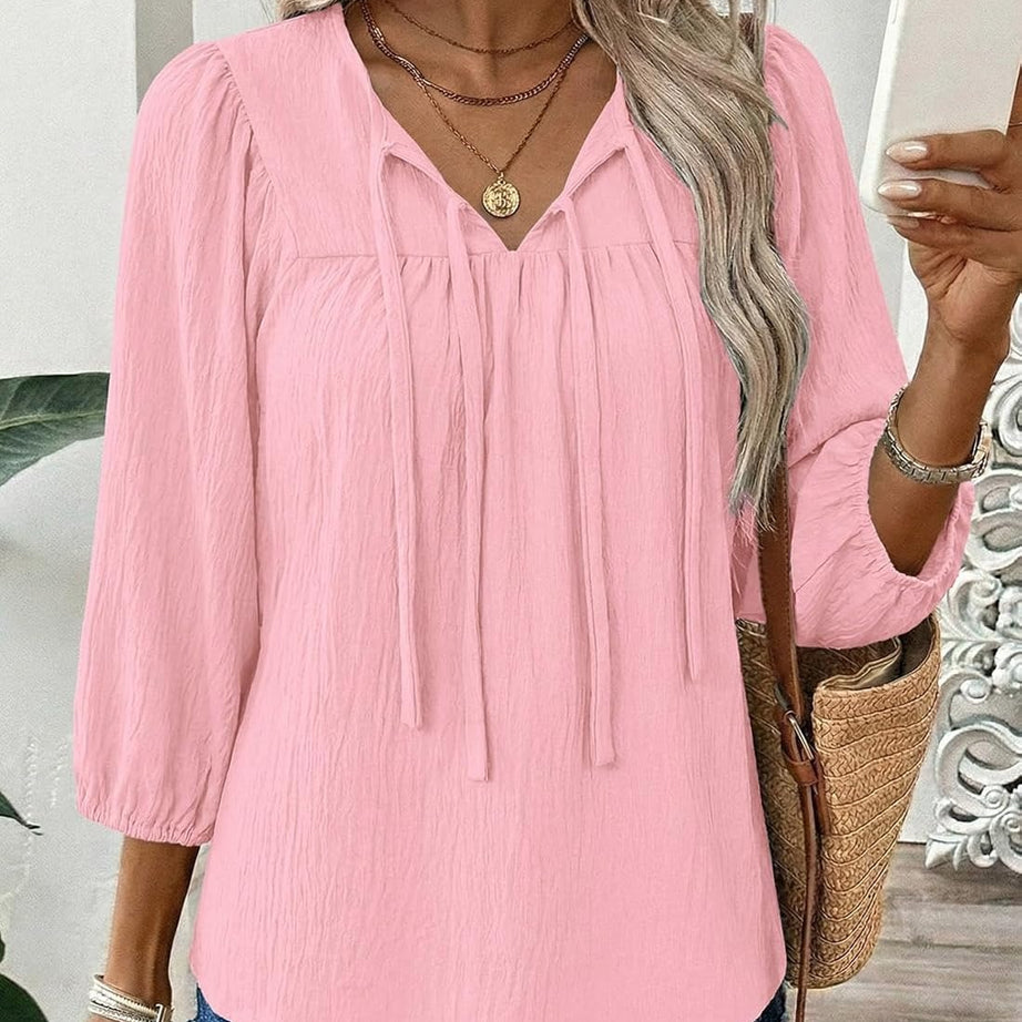 Womens 3/4 Sleeves Blouse Elegant Bow Tie Loose Shirts