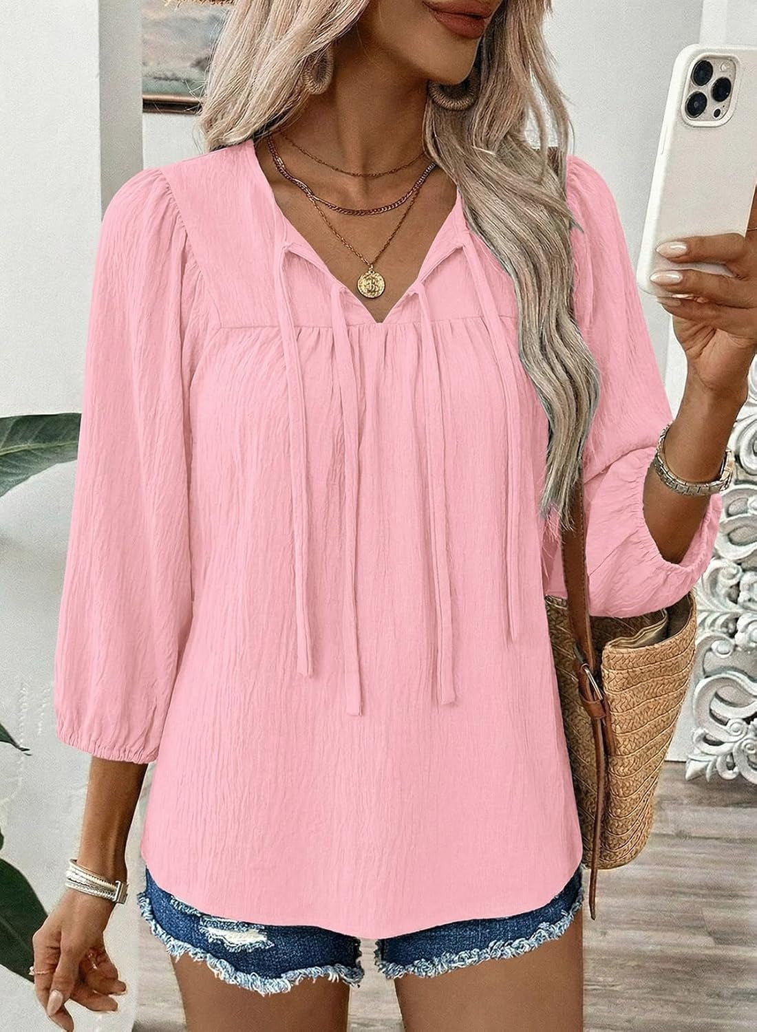 Womens 3/4 Sleeves Blouse Elegant Bow Tie Loose Shirts