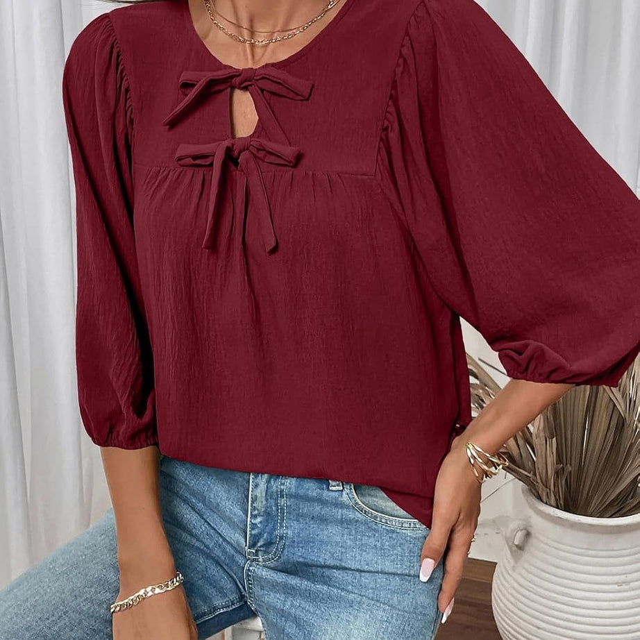 Womens 3/4 Sleeves Blouse Elegant Bow Tie Loose Shirts