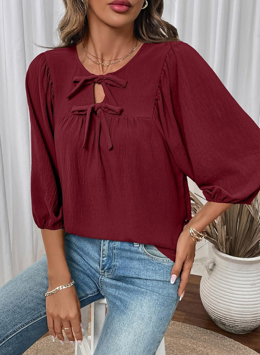Womens 3/4 Sleeves Blouse Elegant Bow Tie Loose Shirts