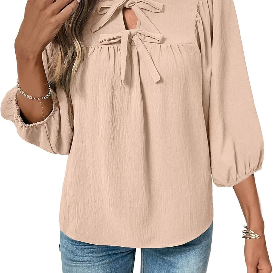 Womens 3/4 Sleeves Blouse Elegant Bow Tie Loose Shirts