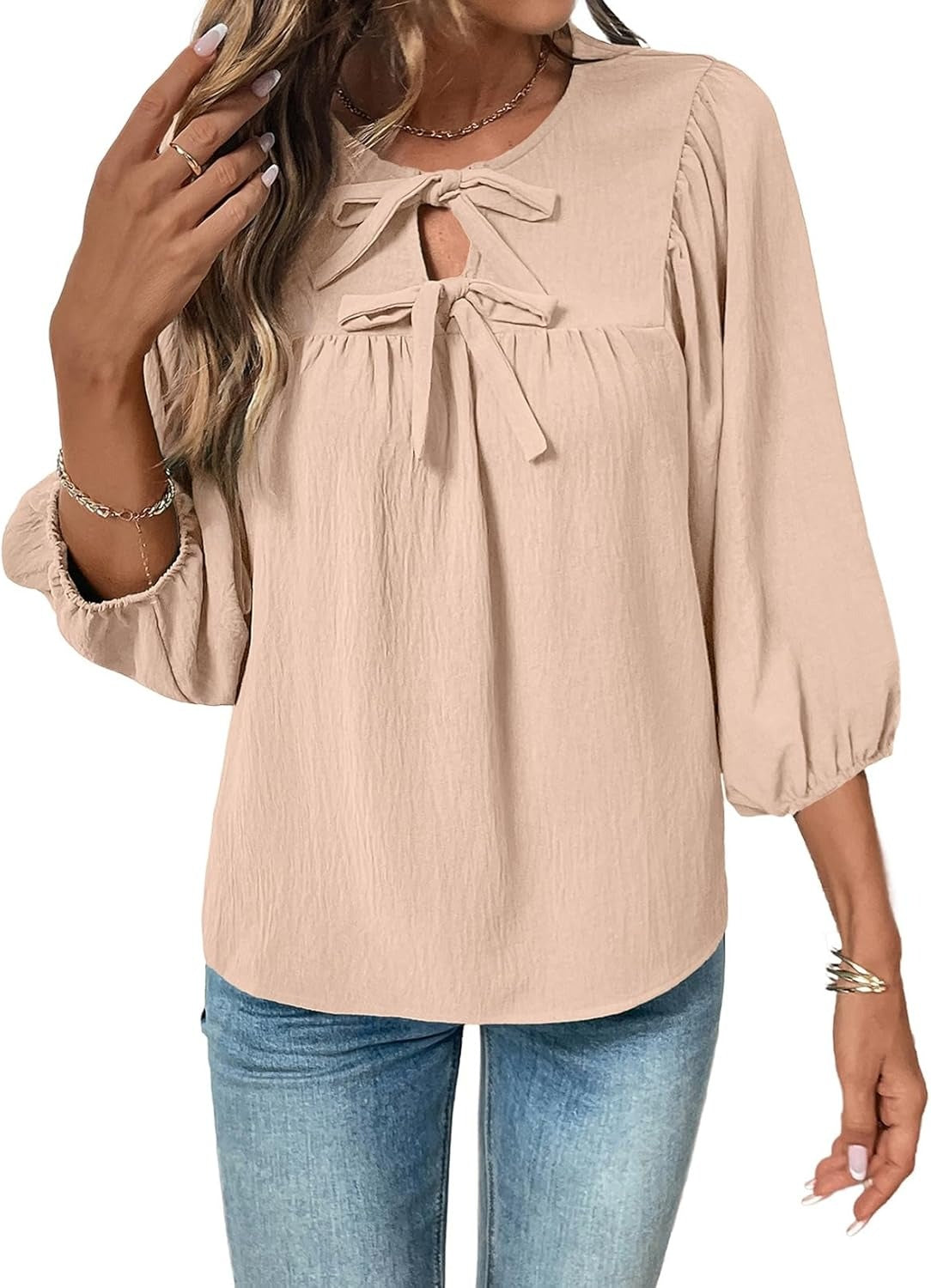 Womens 3/4 Sleeves Blouse Elegant Bow Tie Loose Shirts