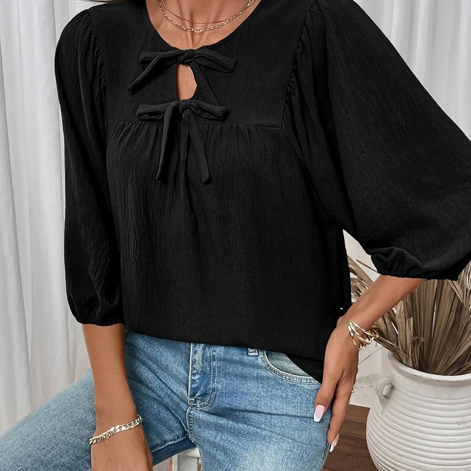 Womens 3/4 Sleeves Blouse Elegant Bow Tie Loose Shirts
