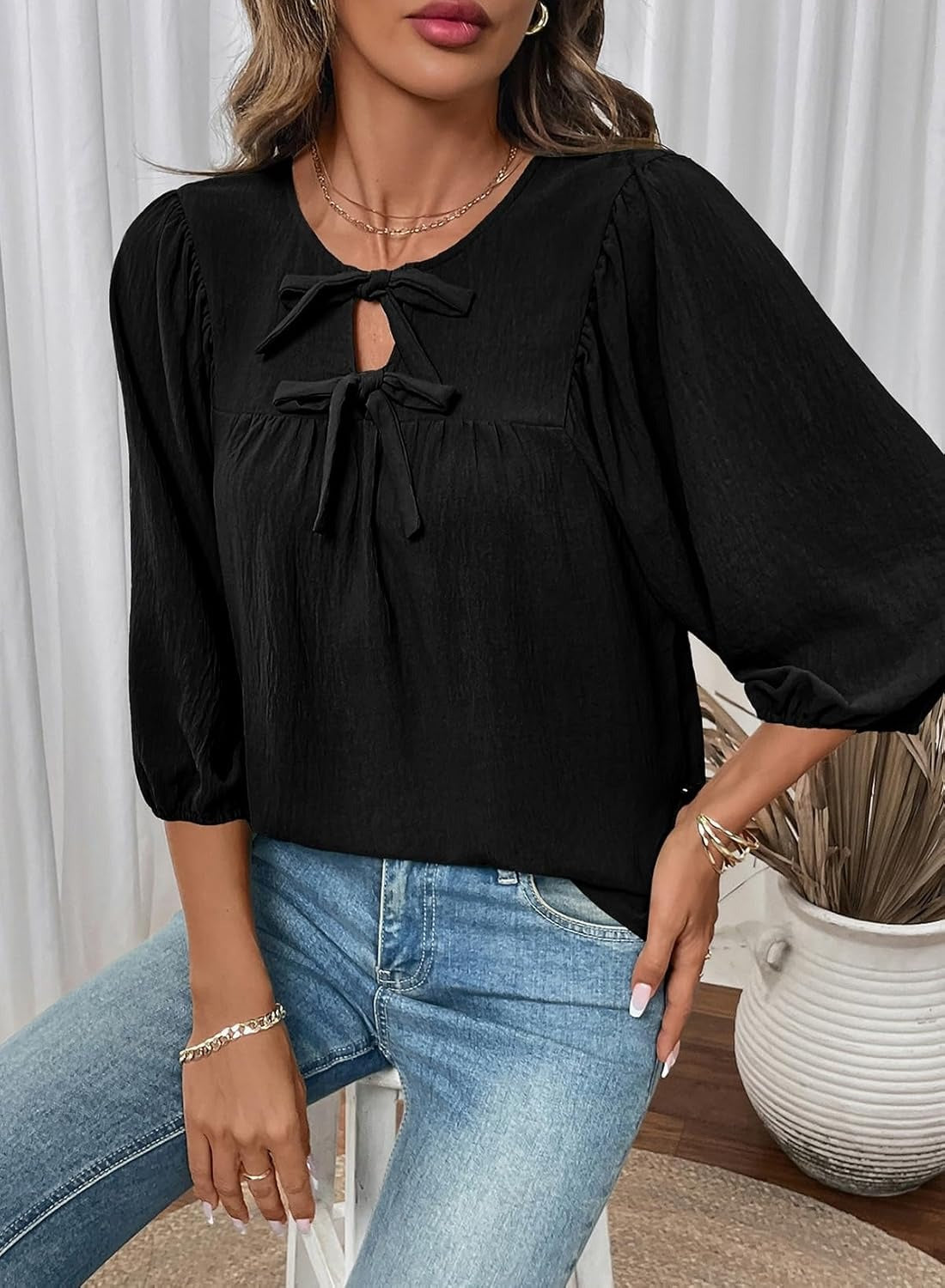 Womens 3/4 Sleeves Blouse Elegant Bow Tie Loose Shirts