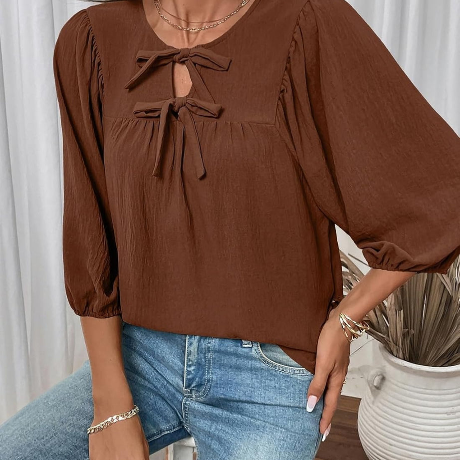 Womens 3/4 Sleeves Blouse Elegant Bow Tie Loose Shirts