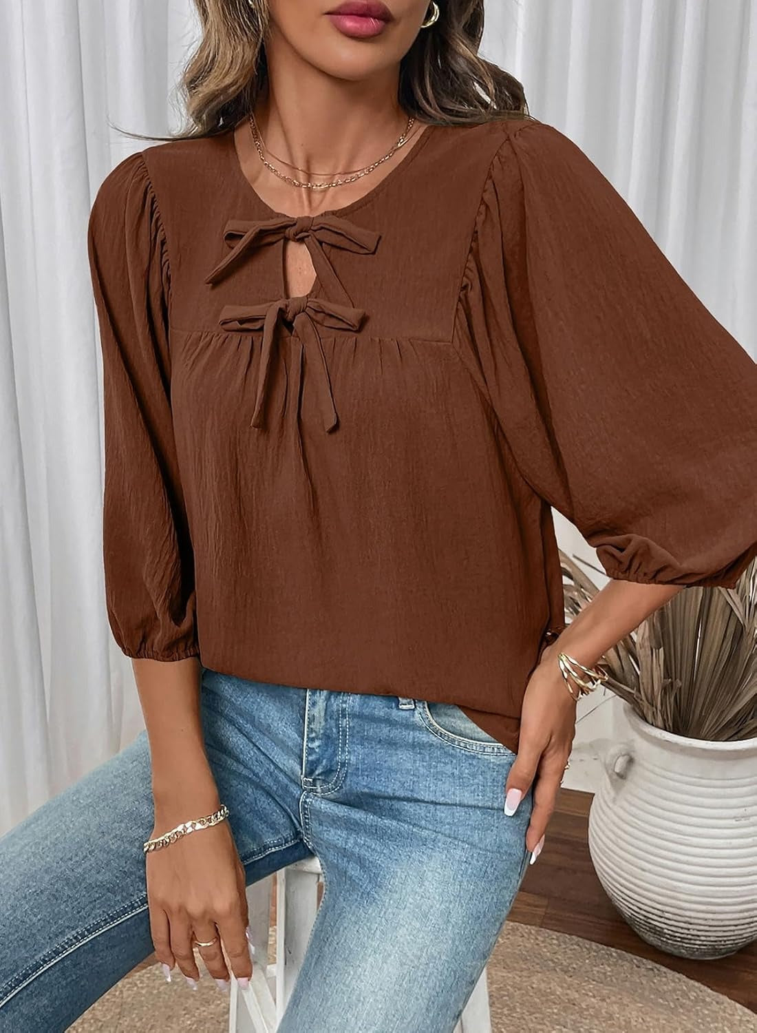 Womens 3/4 Sleeves Blouse Elegant Bow Tie Loose Shirts
