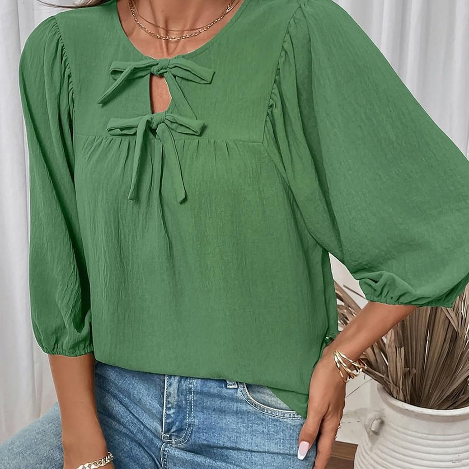 Womens 3/4 Sleeves Blouse Elegant Bow Tie Loose Shirts