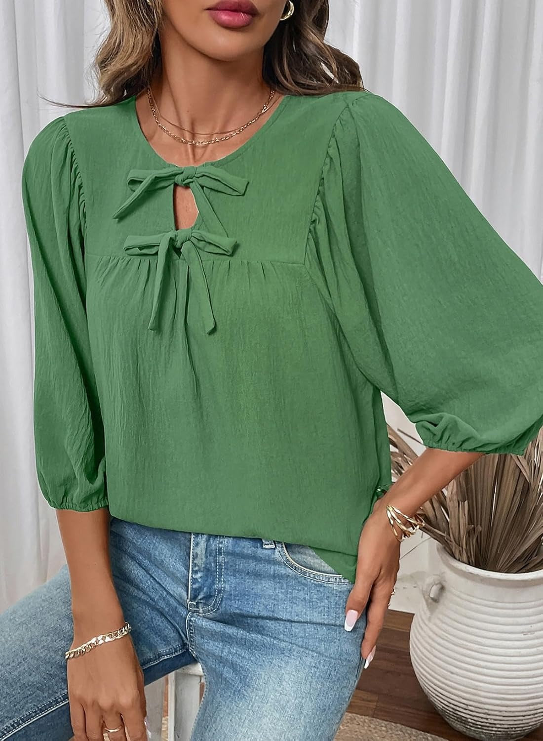 Womens 3/4 Sleeves Blouse Elegant Bow Tie Loose Shirts