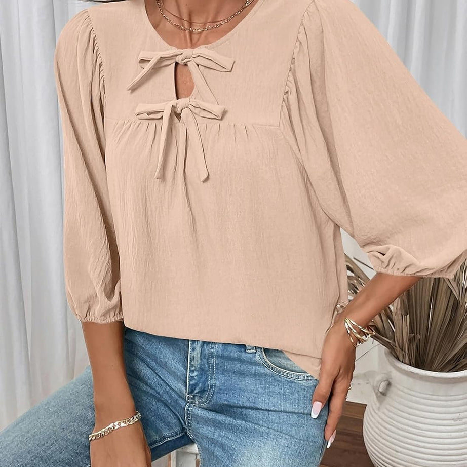 Womens 3/4 Sleeves Blouse Elegant Bow Tie Loose Shirts