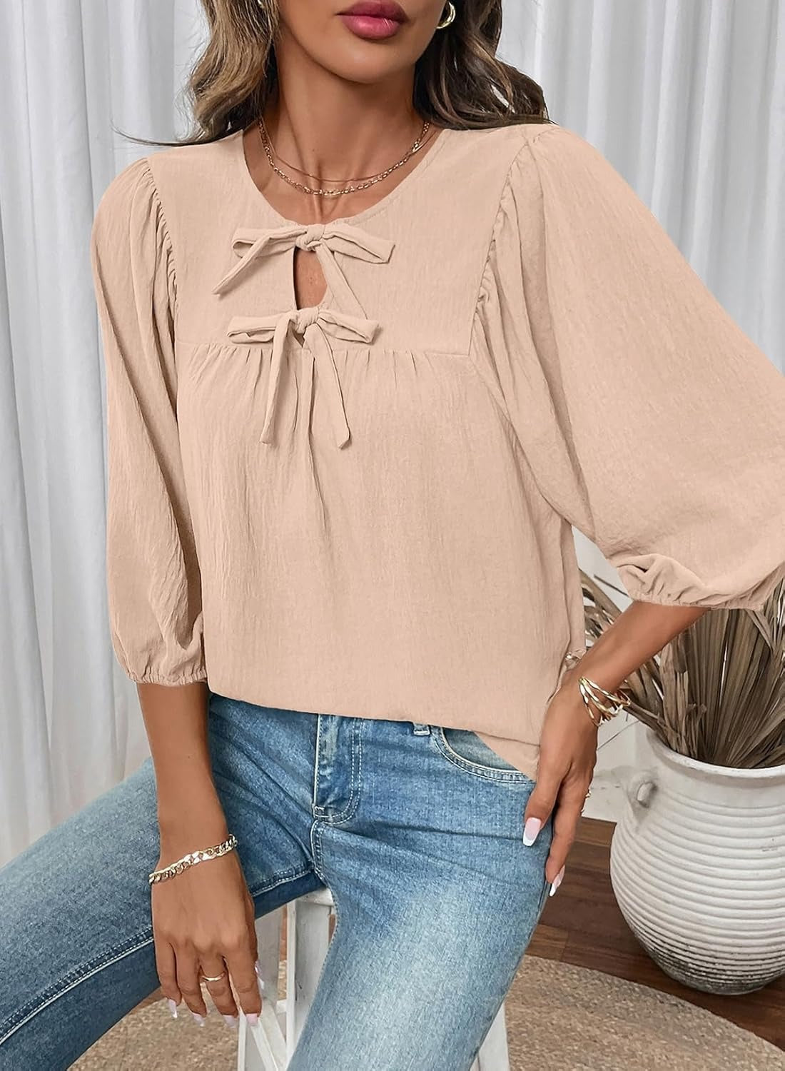 Womens 3/4 Sleeves Blouse Elegant Bow Tie Loose Shirts