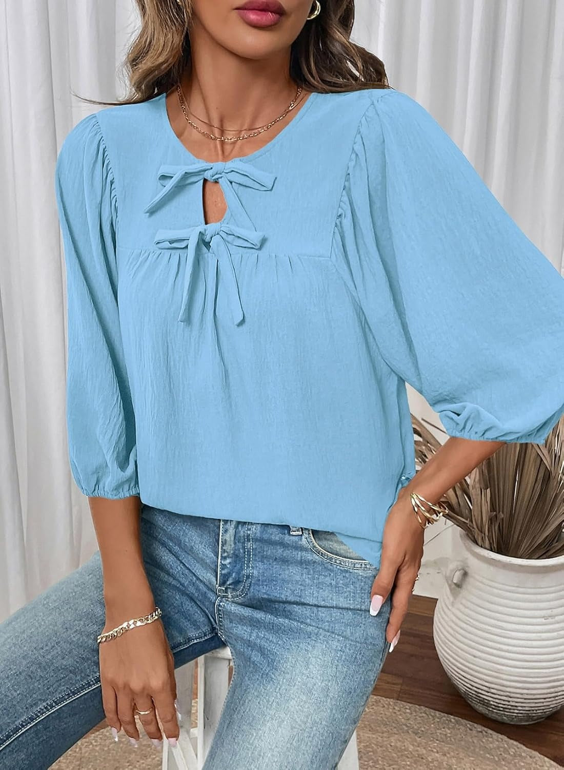 Womens 3/4 Sleeves Blouse Elegant Bow Tie Loose Shirts