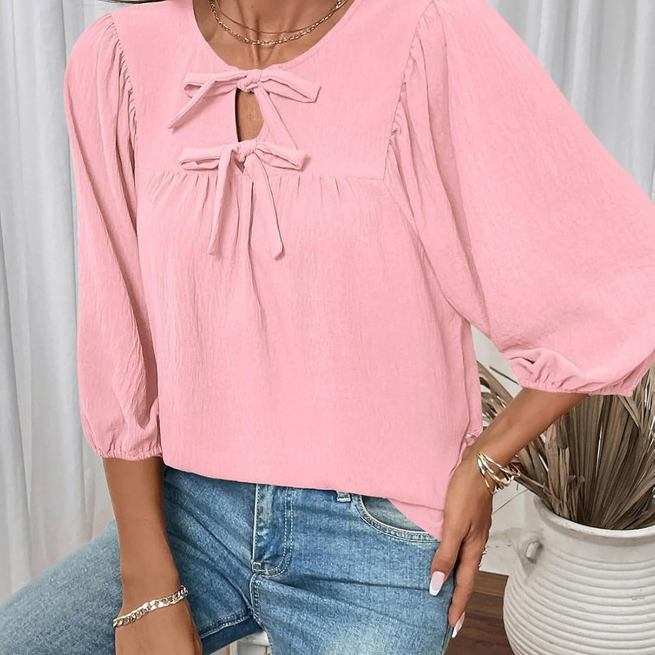 Womens 3/4 Sleeves Blouse Elegant Bow Tie Loose Shirts