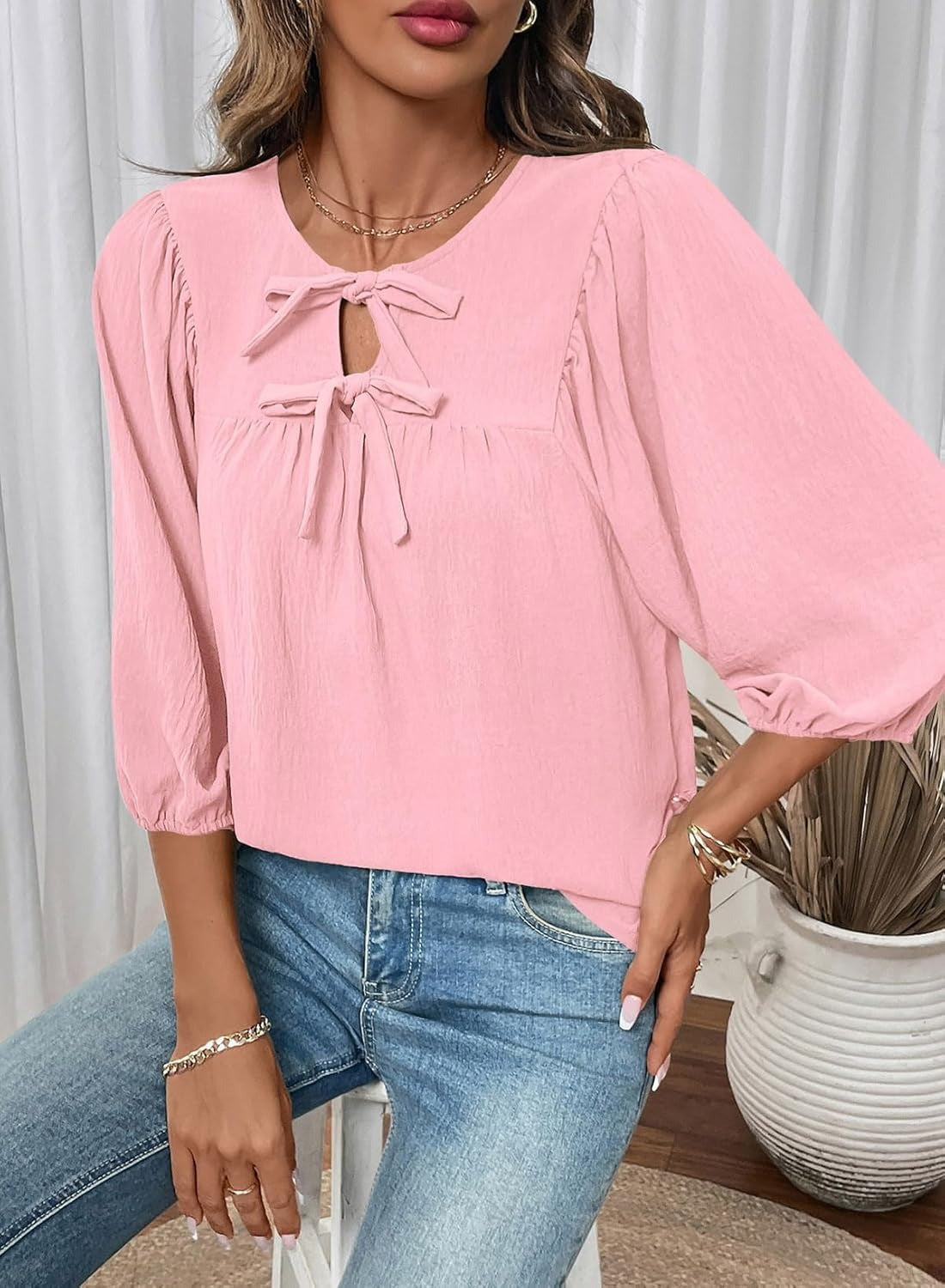 Womens 3/4 Sleeves Blouse Elegant Bow Tie Loose Shirts