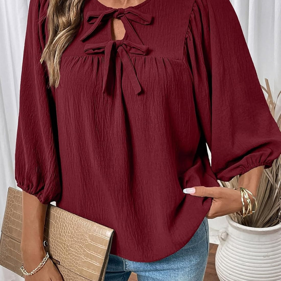 Womens 3/4 Sleeves Blouse Elegant Bow Tie Loose Shirts