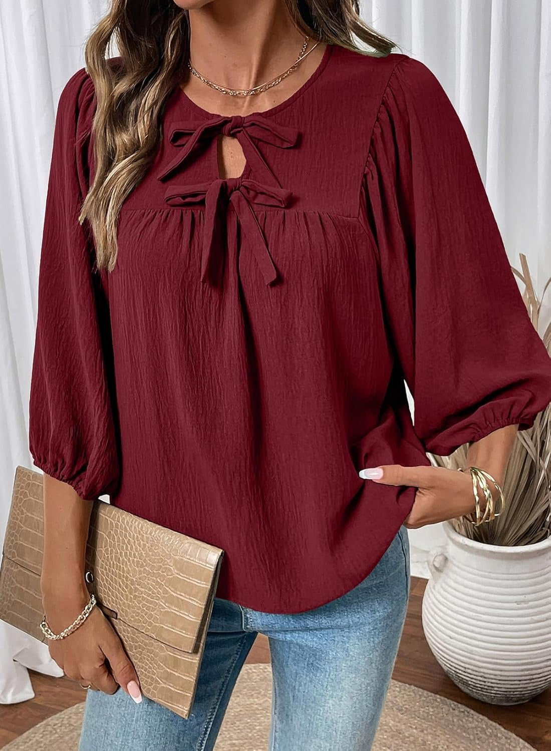 Womens 3/4 Sleeves Blouse Elegant Bow Tie Loose Shirts