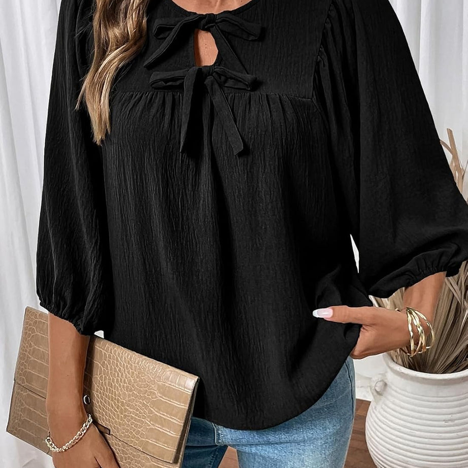 Womens 3/4 Sleeves Blouse Elegant Bow Tie Loose Shirts