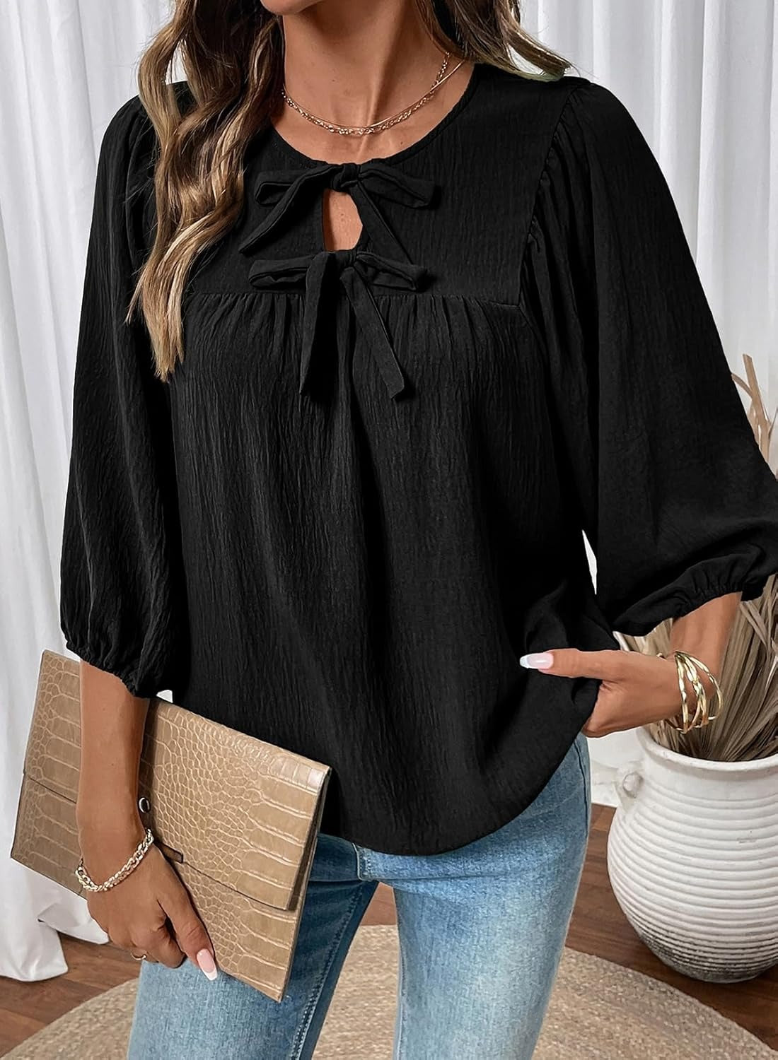 Womens 3/4 Sleeves Blouse Elegant Bow Tie Loose Shirts