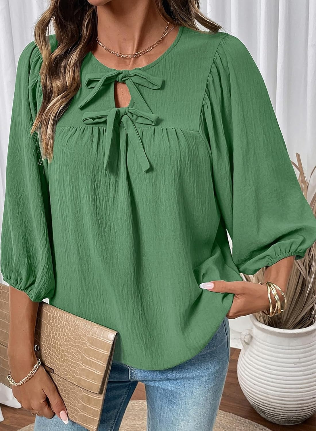 Womens 3/4 Sleeves Blouse Elegant Bow Tie Loose Shirts