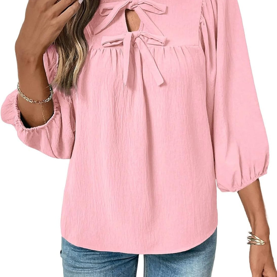 Womens 3/4 Sleeves Blouse Elegant Bow Tie Loose Shirts
