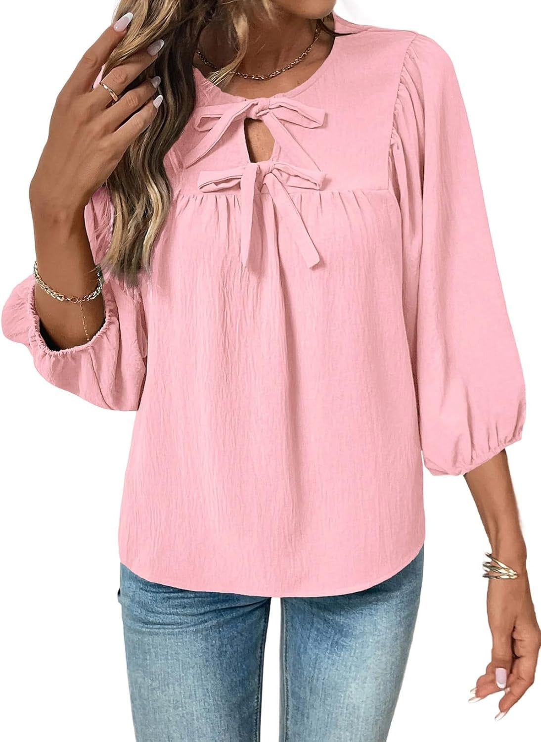 Womens 3/4 Sleeves Blouse Elegant Bow Tie Loose Shirts