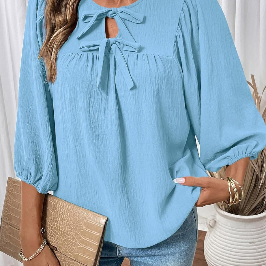 Womens 3/4 Sleeves Blouse Elegant Bow Tie Loose Shirts