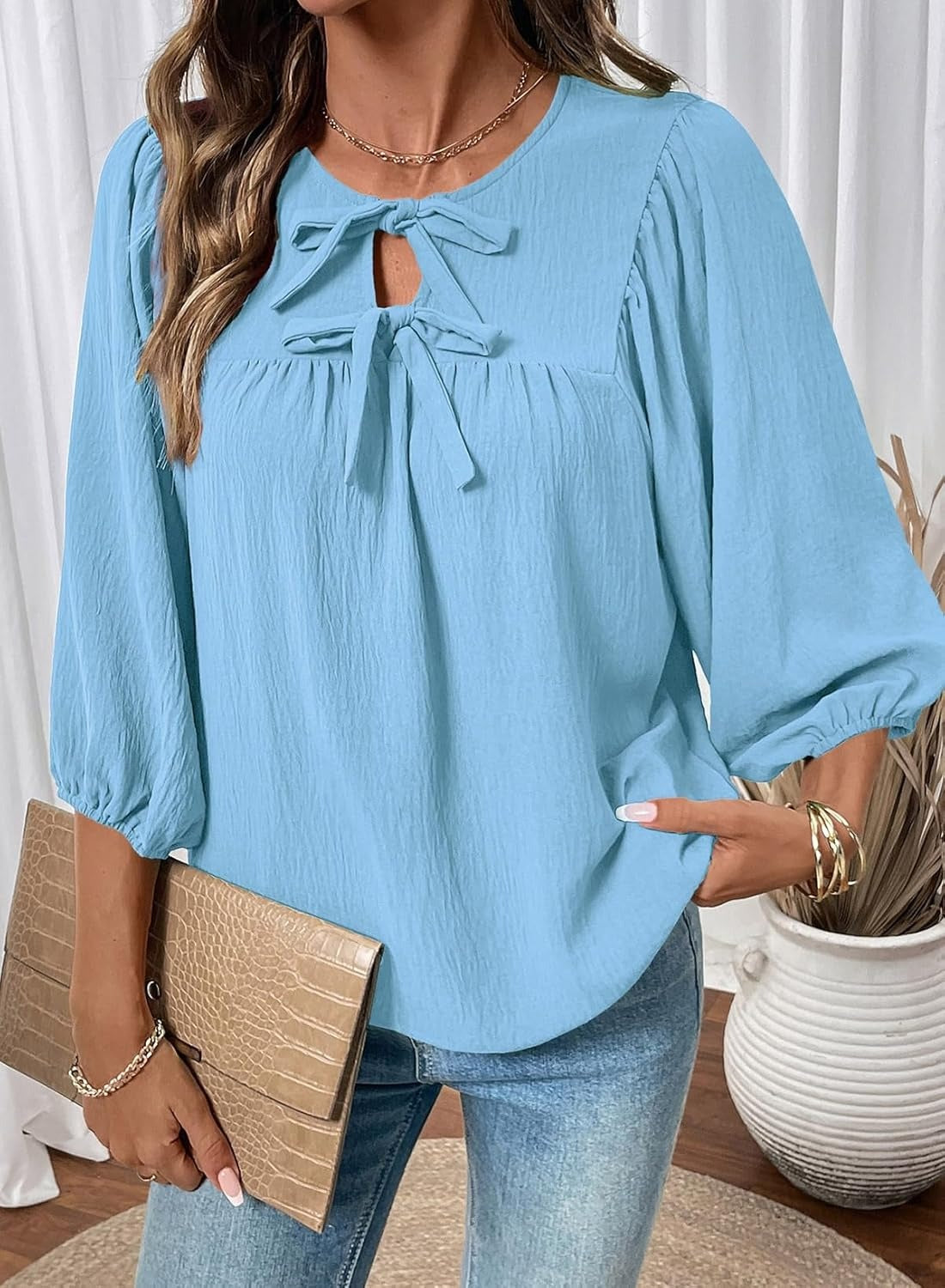 Womens 3/4 Sleeves Blouse Elegant Bow Tie Loose Shirts
