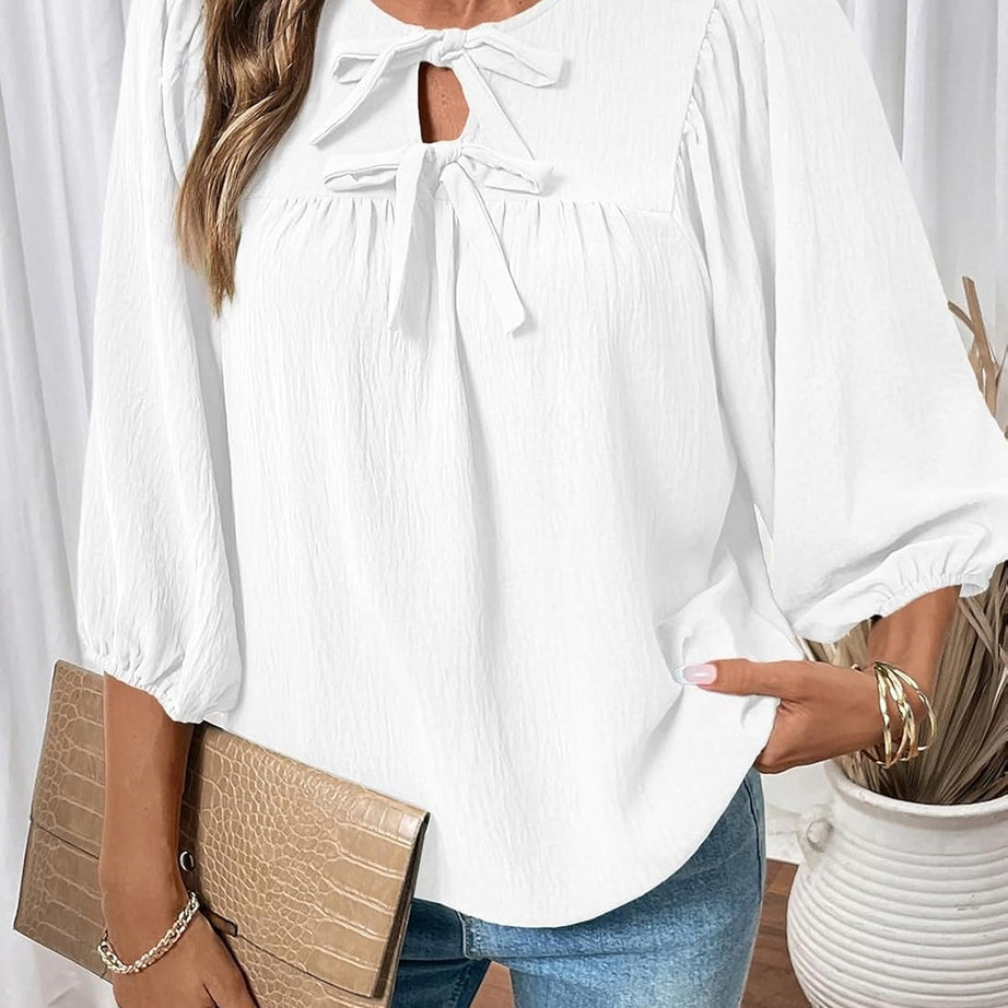 Womens 3/4 Sleeves Blouse Elegant Bow Tie Loose Shirts