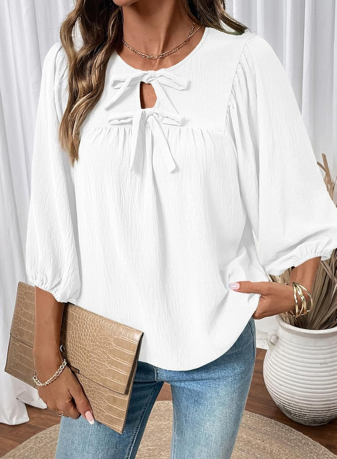 Womens 3/4 Sleeves Blouse Elegant Bow Tie Loose Shirts