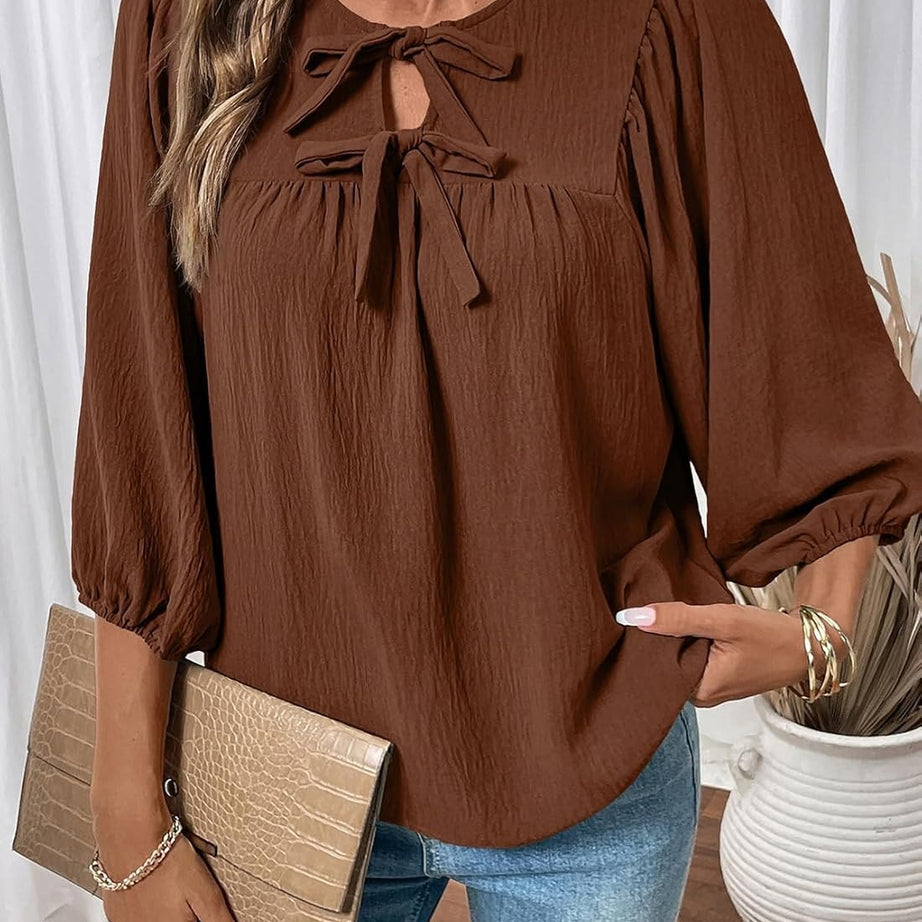 Womens 3/4 Sleeves Blouse Elegant Bow Tie Loose Shirts